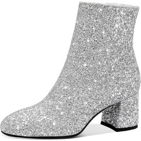 Womens Sequin Glitter Ankle Boots - Low Chunky Heels Sparkly Booties with Zipper for Wedding Dress