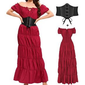 BITSEACOCO Women Medieval Renaissance Dress, Halloween Pirate Peasant Witch Costume, Irish Fairy Chemise Long Dresses