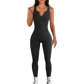 Tsnbre Women Ribbed Yoga Jumpsuits Square Neck Long Sleeve Workout Bodycon Jumpsuit One Piece Romper Streetwear