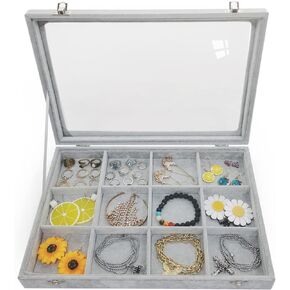 Ice Velvet Jewelry Organizer Box for Women Girlfriend Wife,Clear Lid Earrings Rings Necklace Bracelets Jewelry Tray Storage Case Grey