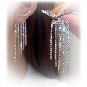 Silver Rhinestone Tassel Earrings Sparkly Long Tassel Front Back Earrings Crystal Statement Chandelier Wedding Party Prom Earrings Cubic Zirconia Crystal Earrings for Birthday Gifts