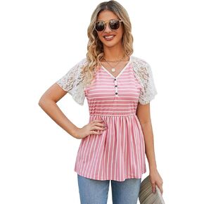 Women's Peplum Tops V Neck Lace Short Sleeve Blouse Pleated Empire Waist Tops Teacher Outfits