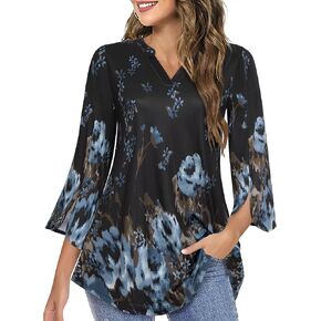 بلوزات VALOLIA النسائية 3/4 كم مطبوعة بالزهور ورقبة على شكل حرف V وقمصان تونيك فضفاضة in Kuwait