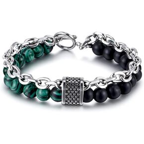 Punk Double Layer Link Chain Bracelet Matte Agate Tiger Eye Turquoise Stone Bracelet