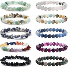 FINREZIO 10PCS Natural Gemstone Bead Bracelets for Men Women Semi-precious Beaded Bracelets Chakra Crystal Healing Bracelets Irregular Chips Beads Bracelet Stretch Relief Reiki Bracelet in Kuwait