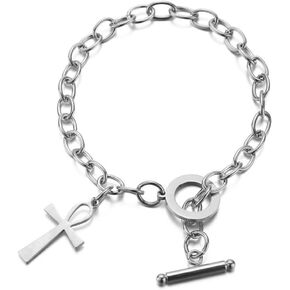 Ankh Cross Bracelet for Men Women Stainless Steel Link Bracelet with Egyptian Ankh Cross Charm Bracelet Egyptian Jewelry Ankh Bracelet with Toggle Clasp Anubis Protection Amulet Jewelry