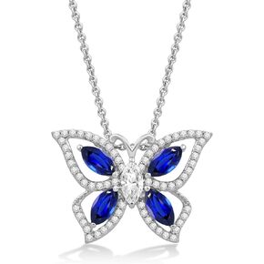 Jewelili Sterling Silver 6x3 MM Marquise Created Blue Sapphire with Marquise and Round Cut Created White Sapphire Butterfly Pendant Necklace 18" Cable Chain