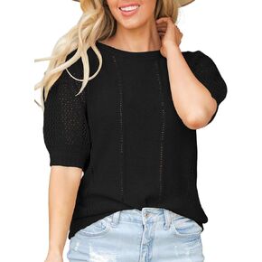 المرأة نفخة قصيرة الأكمام سترة قمم طاقم الرقبة الكروشيه متماسكة لينة خفيفة الوزن بلوزة البلوز القميص in Kuwait