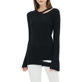 Cable Stitch Women's Long-Sleeve Cutout Sweater – Long Bell Sleeve Lightweight Knitted Pullover Top in Saudi Arabia