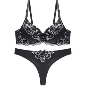 Women's Lace Bra and Thong Set Push Up Underiwre Bras Embroidery Lace Lingerie Set