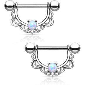 FIFTH CUE Opal Centered Filigree Drop 316L Surgical Steel Nipple Barbell Ring (Sold as Pair)