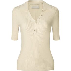 Women's Polo Sweater V Neck Short Sleeve Ribbed Knit Pullover Shirt Top