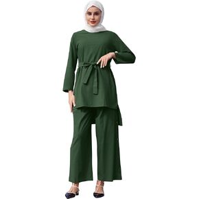 IMEKIS 2PCS Women Fashion Muslim Tracksuit Set Causal Ramadan Long Puff Sleeve Top Wide Leg Pant Suit Pray Clothes Outfit