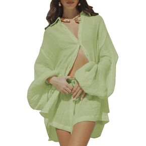 Fixmatti Women 2 Piece Outfits Summer Shorts Sets Lantern Sleeve Button Down Shirt and Shorts Sweatsuit