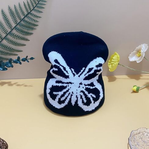 Women Butterfly Printing Beanie Hat Y2K Wireless Winter Knit Skull Cap Graphic Warm Knitted Cap in Saudi Arabia