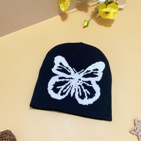 Women Butterfly Printing Beanie Hat Y2K Wireless Winter Knit Skull Cap Graphic Warm Knitted Cap in Saudi Arabia