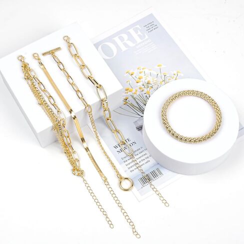 مجموعة اساور سلسلة ذهبية بوهو مكونة من 5 قطع قابلة للتكديس ومفتوحة قابلة للتعديل، اساور سلسلة انيقة متعددة الطبقات، مجموعات مجوهرات ذهبية للنساء والفتيات in Kuwait
