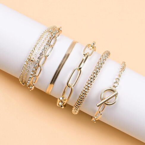 مجموعة اساور سلسلة ذهبية بوهو مكونة من 5 قطع قابلة للتكديس ومفتوحة قابلة للتعديل، اساور سلسلة انيقة متعددة الطبقات، مجموعات مجوهرات ذهبية للنساء والفتيات in Kuwait