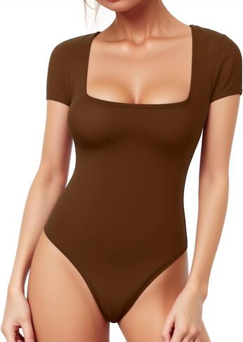 MANGOPOP Women's Square Neck Bodysuit Short Sleeve Shirt Tops in Saudi Arabia
