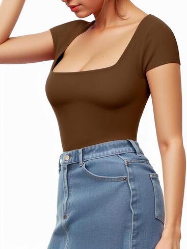 MANGOPOP Women's Square Neck Bodysuit Short Sleeve Shirt Tops in Saudi Arabia