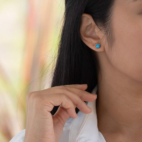 Peora 14K White Gold Created Blue Fire Opal Stud Earrings for Women, Hypoallergenic Solitaire Round Shape 1 Carat total, October Birthstone, Friction Back in Saudi Arabia