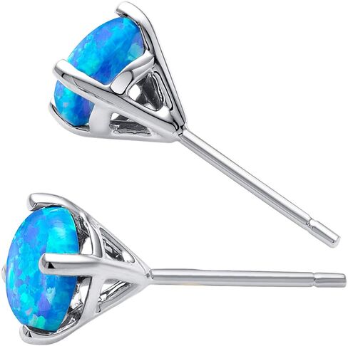 Peora 14K White Gold Created Blue Fire Opal Stud Earrings for Women, Hypoallergenic Solitaire Round Shape 1 Carat total, October Birthstone, Friction Back in Saudi Arabia