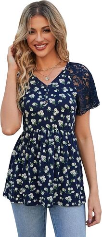 Women's Peplum Tops V Neck Lace Short Sleeve Blouse Pleated Empire Waist Tops Teacher Outfits in Saudi Arabia