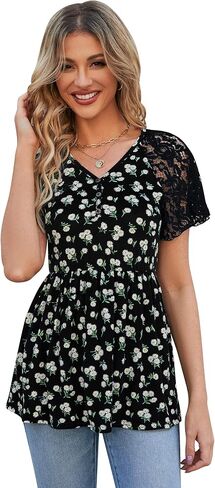 Women's Peplum Tops V Neck Lace Short Sleeve Blouse Pleated Empire Waist Tops Teacher Outfits in Saudi Arabia
