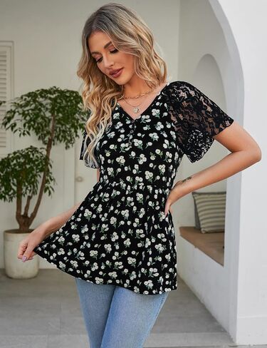 Women's Peplum Tops V Neck Lace Short Sleeve Blouse Pleated Empire Waist Tops Teacher Outfits in Saudi Arabia