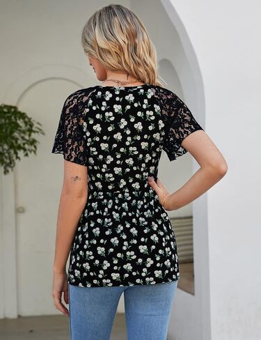 Women's Peplum Tops V Neck Lace Short Sleeve Blouse Pleated Empire Waist Tops Teacher Outfits in Saudi Arabia