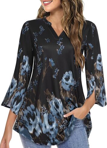 بلوزات VALOLIA النسائية 3/4 كم مطبوعة بالزهور ورقبة على شكل حرف V وقمصان تونيك فضفاضة in Kuwait