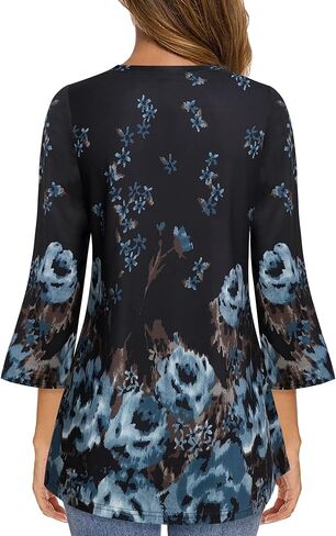 بلوزات VALOLIA النسائية 3/4 كم مطبوعة بالزهور ورقبة على شكل حرف V وقمصان تونيك فضفاضة in Kuwait