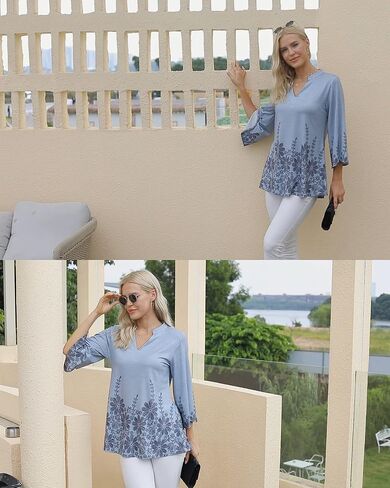 بلوزات VALOLIA النسائية 3/4 كم مطبوعة بالزهور ورقبة على شكل حرف V وقمصان تونيك فضفاضة in Kuwait