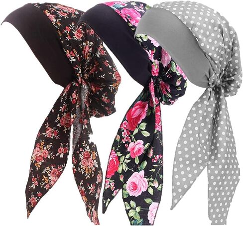 ايفر فيري قبعة نوم قطنية للنساء بطبعة زهور للعلاج الكيميائي، قبعة توربان قبعة لف الشعر, عبوة من 3 ألوان - c1, One Size in Kuwait