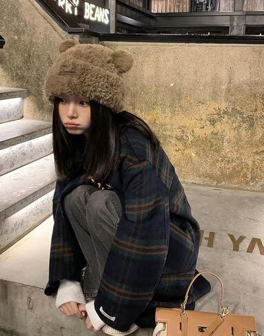 Y2K Beanie Hat for Women Furry Beanie Hats Slouchy Faux Fur Bear Ear Beanie Winter Hat Warm Soft Trendy Beanies Cap in Kuwait