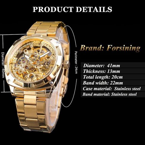 FORSINING Men's Luxury Skeleton Watch, Carving Hollow 41mm Big Dial with Square Bezel Wristwatch, Self-Wind Automatic Mechanical Men Watches in Saudi Arabia