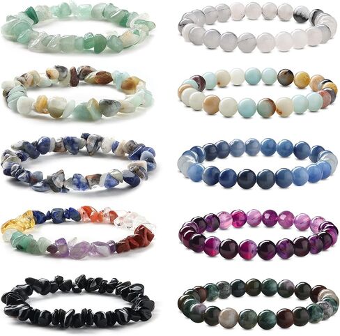 FINREZIO 10PCS Natural Gemstone Bead Bracelets for Men Women Semi-precious Beaded Bracelets Chakra Crystal Healing Bracelets Irregular Chips Beads Bracelet Stretch Relief Reiki Bracelet in Kuwait
