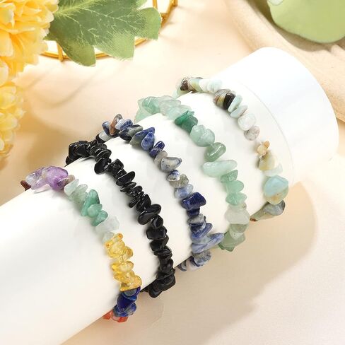 FINREZIO 10PCS Natural Gemstone Bead Bracelets for Men Women Semi-precious Beaded Bracelets Chakra Crystal Healing Bracelets Irregular Chips Beads Bracelet Stretch Relief Reiki Bracelet in Kuwait
