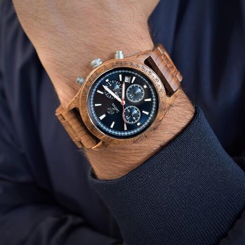 Zeitholz Wood Watches for Men, Wooden Watch, Gifts, Chronograph Watch, Analog, Calendar. New Bergen 42mm, 100% Natural Wood with Japanese Quartz Movement. in Saudi Arabia