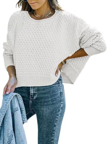 TIKSAWON Women's Crew Neck Cropped Sweaters Batwing Long Sleeve Knit Pullover Loose Oversized Chunky Jumper Tops in Saudi Arabia