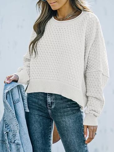 TIKSAWON Women's Crew Neck Cropped Sweaters Batwing Long Sleeve Knit Pullover Loose Oversized Chunky Jumper Tops in Saudi Arabia