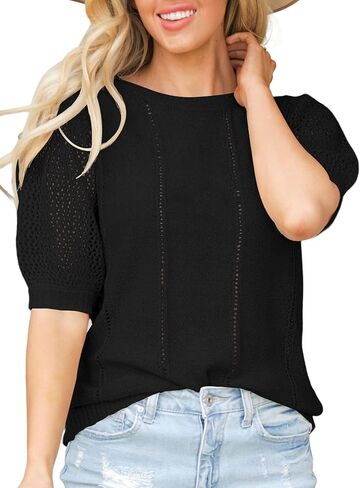 المرأة نفخة قصيرة الأكمام سترة قمم طاقم الرقبة الكروشيه متماسكة لينة خفيفة الوزن بلوزة البلوز القميص in Kuwait