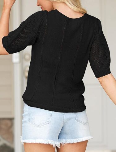 المرأة نفخة قصيرة الأكمام سترة قمم طاقم الرقبة الكروشيه متماسكة لينة خفيفة الوزن بلوزة البلوز القميص in Kuwait