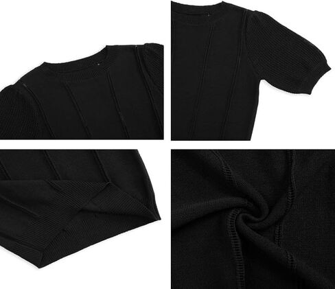 المرأة نفخة قصيرة الأكمام سترة قمم طاقم الرقبة الكروشيه متماسكة لينة خفيفة الوزن بلوزة البلوز القميص in Kuwait