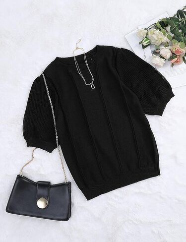 المرأة نفخة قصيرة الأكمام سترة قمم طاقم الرقبة الكروشيه متماسكة لينة خفيفة الوزن بلوزة البلوز القميص in Kuwait