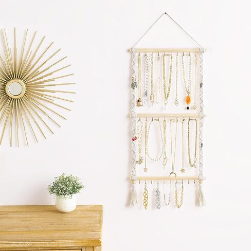 Dahey شنقا منظم المجوهرات حامل قلادة Macrame مع 30 خطافًا وشماعات قبعة Macrame حامل القبعة للجدار ديكور بوهو لغرفة النوم وغرفة المعيشة والنوم in Kuwait