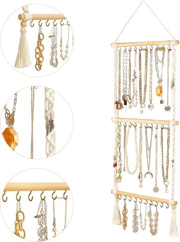 Dahey شنقا منظم المجوهرات حامل قلادة Macrame مع 30 خطافًا وشماعات قبعة Macrame حامل القبعة للجدار ديكور بوهو لغرفة النوم وغرفة المعيشة والنوم in Kuwait