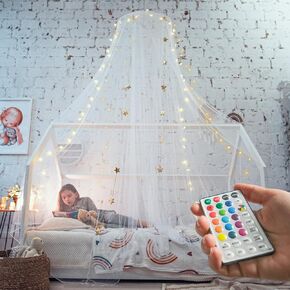 Bollepo Bed Canopy for Girls with Glowing Stars - Canopy Bed Curtains | Fits Single, Twin, Full, Queen Size Kids - Princess Bed Canopy | Rainbow Bedroom Accessories, Netting Room Decor, Ceiling Tent