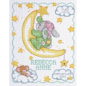 Janlynn Cross Stitch Kit, 14-Inch by 11-Inch, Crescent Moon Birth Announcement, White