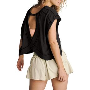 Gacaky Women's Backless Loose Tops Short Sleeve Workout Tops Yoga Tops Dance Clothes Athletic Sports Shirts for Women